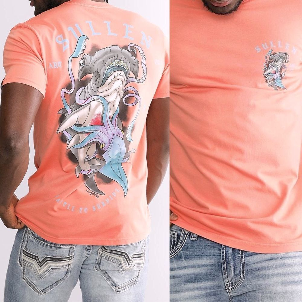 Sullen Art Collective Shark Squid Graphic Tee Coral Men’s XL Tattoo Art